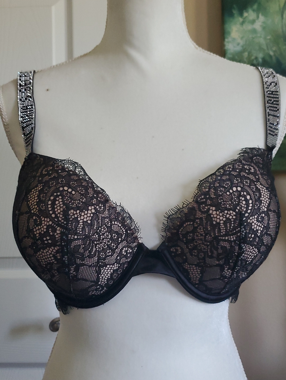 Victoria's Secret Black Lace Underwire Bra with Jeweled Straps